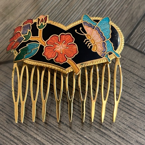 Vintage Cloisonné Butterfly Heart & Flower Hair Combs - Picture 3 of 16